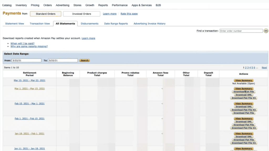 Amazon Seller Payments Dashboard