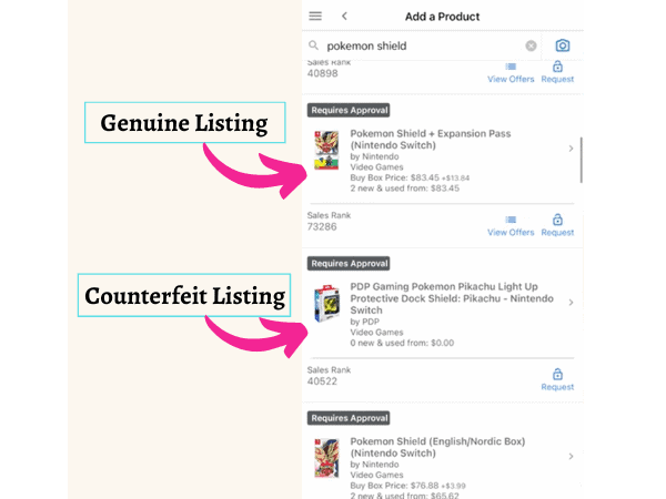 Genuine vs. counterfeit Amazon listings