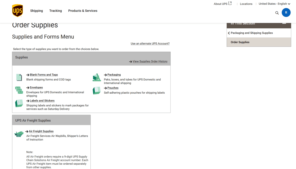 Menu For UPS Free Shipping Supplies