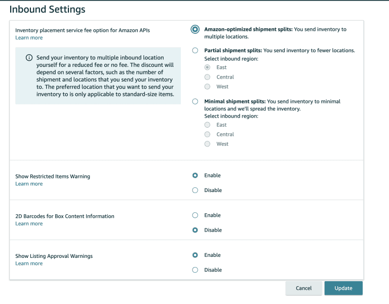 Inbound Settings options in SellerCentral